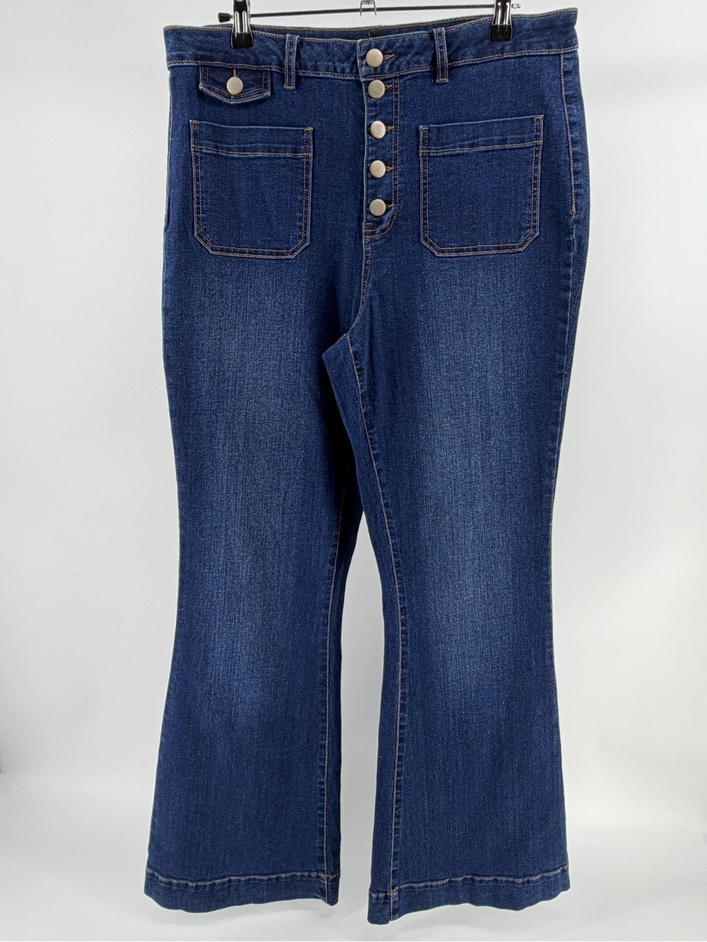 Versona Button Fly Flare Leg Jeans, Med/Dark Wash Stretch Denim, Women's 12
